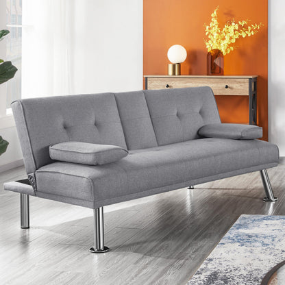 Yaheetech Light Grey 3-in-1 Convertible Upholstered Cup Holder Sofa Bed