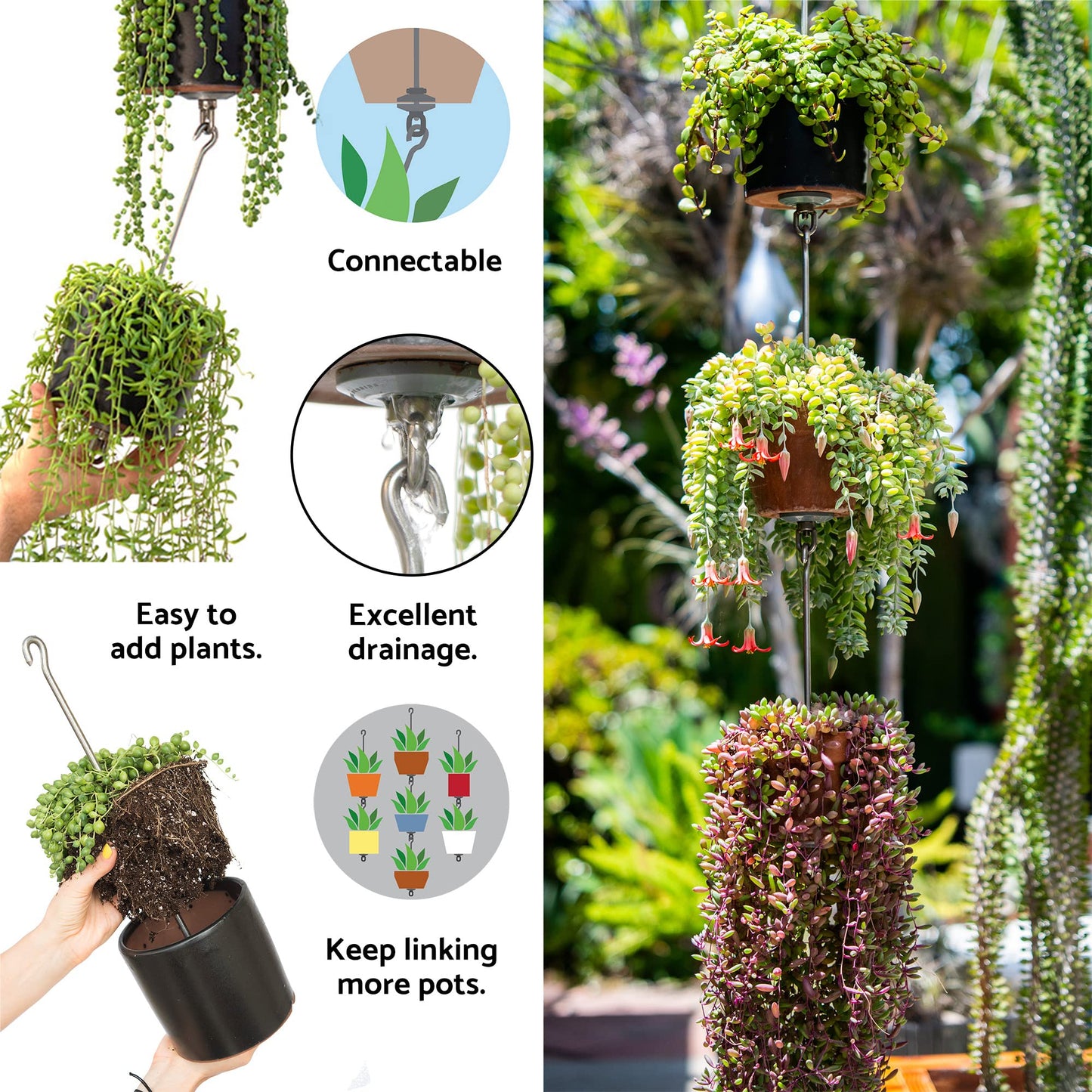 SkyPots ? Two Pack, Pot Hanger Kits + Accessories - Hang and Connect Your Clay Pots, Stainless Steel - Indoor/Outdoor - Connectable Hanging Planter