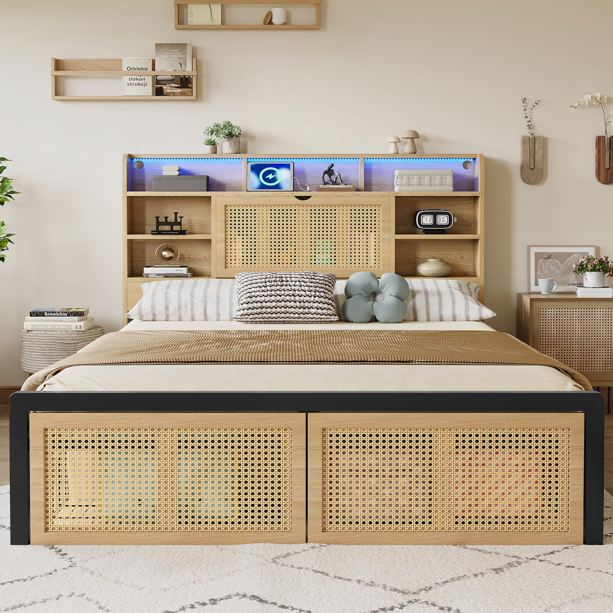 Merax 4ft6 Wooden Bed Frame LED Double Bed Platform Bed 135x190cm,Charging Port, PE Rattan Drawer with Wheels,MDF + Iron,Wood Colour (NO Mattress)