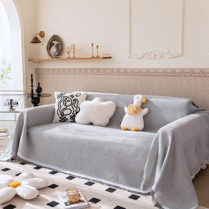 VANJOROY Waffle Large Grey Sofa Throw Blanket With Tassels For 2 3 4 Seater, 100% Handwoven Cotton Knitted Settees Throw for Couch, Armchair and Bed,
