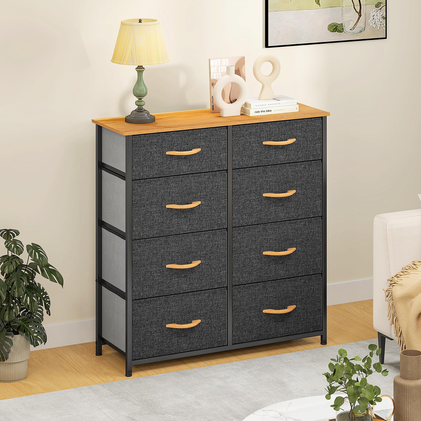 DWVO Chest of Drawers,Fabric Chest of Drawers Bedroom Cabinet with 8 Drawers,Dresser for Bedroom,Living Room With Handles,Wood Top and Sturdy Steel