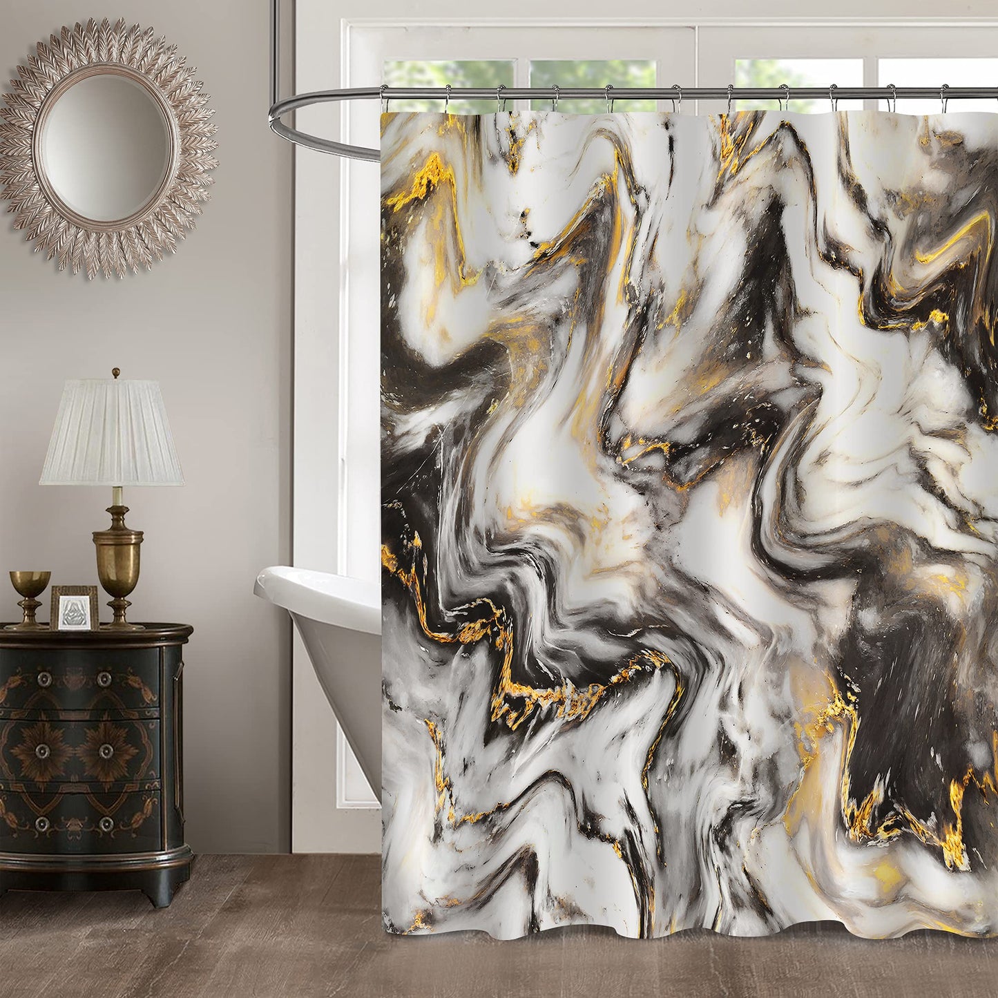 MitoVilla Black Gold Marble Shower Curtain Set with Hooks, Abstract Black Gold White Striped Marble Bathroom Decor for Men and Women, Modern