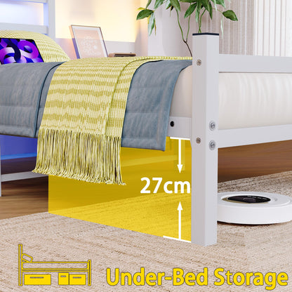 BORPHOM 3ft Single Bed Frame with Headboard & LED Lights,Heavy Duty Metal Platform Bed Frame with Charging Station,Mattress Base/Strong Steel Slats