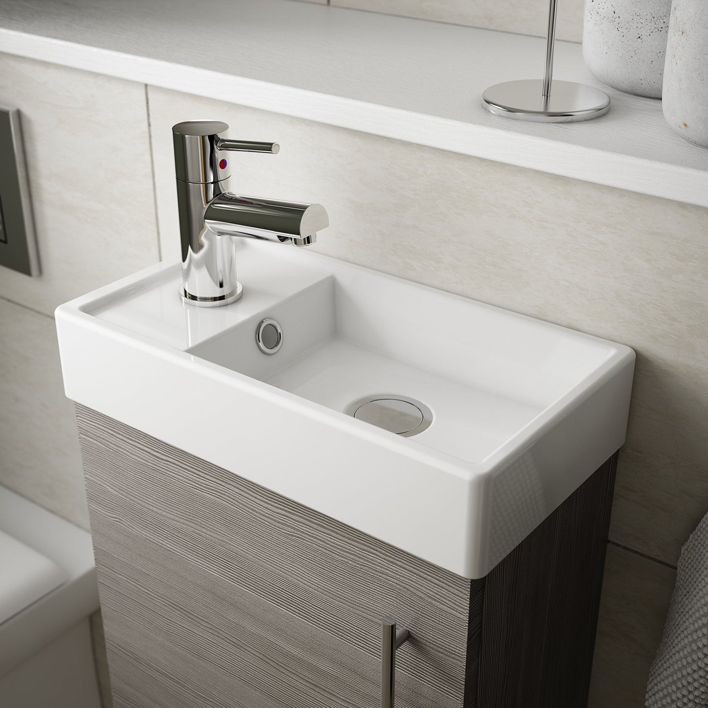 Nuie MIN009 Vault Modern Bathroom Single Soft Close Door Wall Hung Vanity Unit with 1 Tap Hole Ceramic Basin, 400mm, Woodgrain Anthracite