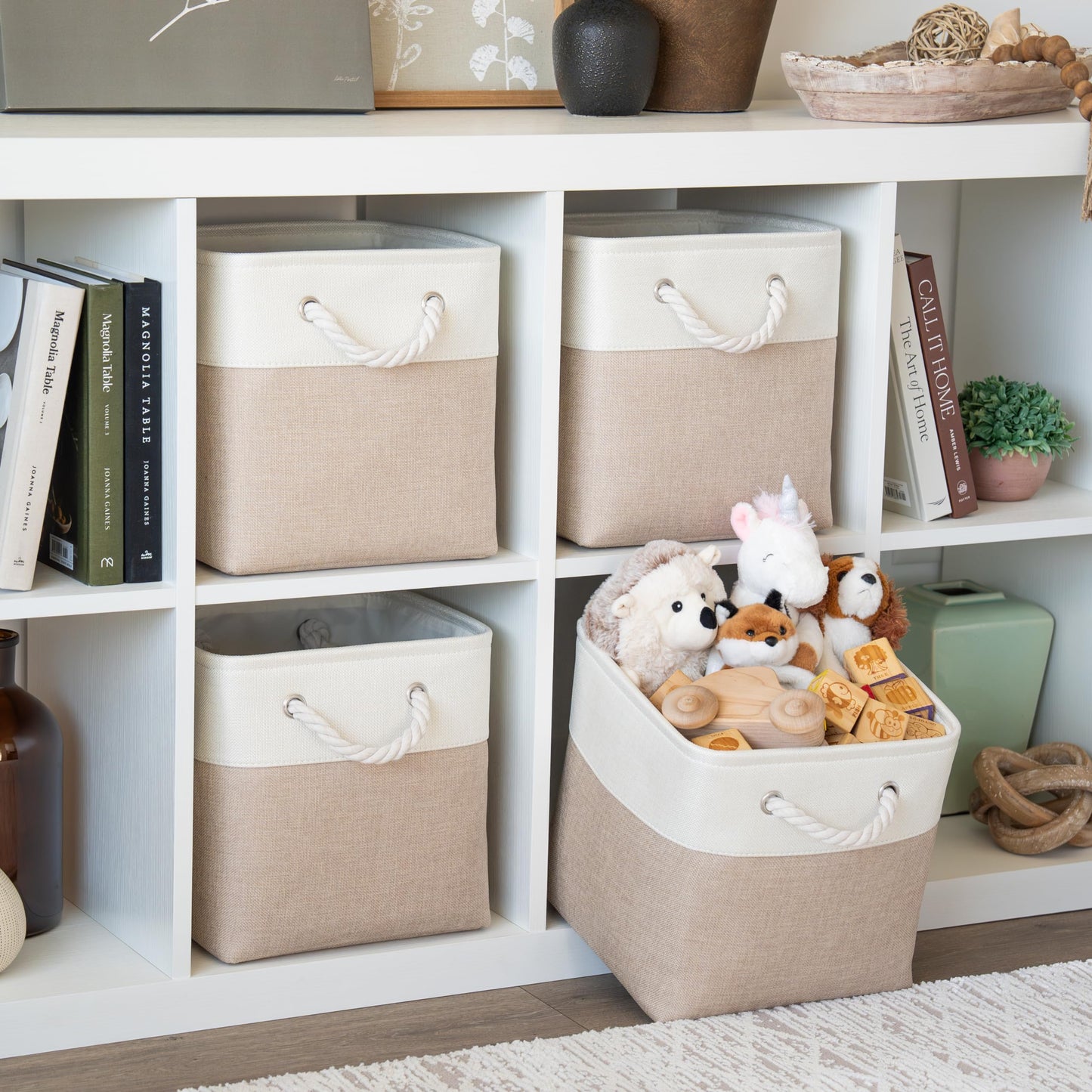 OrganiHaus Fabric Storage Boxes, Set of 3 Foldable 28x28 Cube Organiser Bins with Rope Handles for Shelves, Nursery & Closet