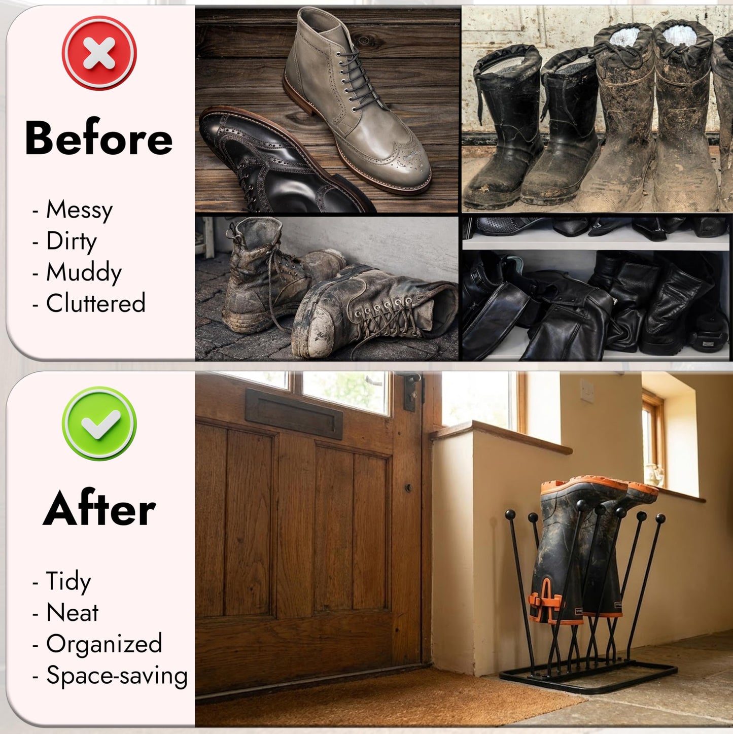 ARSUK Welly Boot Rack - Metal Wellington Boots Stand Outdoor, Cast Iron and Rustproof Wellies Storage Racks & Holder - 2 Pair & 4 Pair Boot Rack