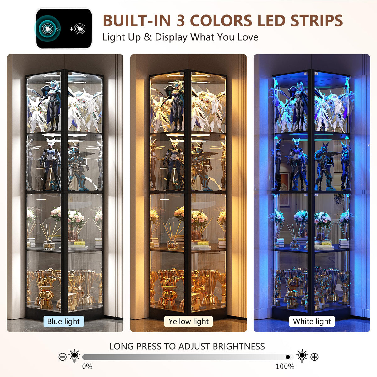 FREDEES Corner Display Cabinet with Glass Doors, 175cm, Black