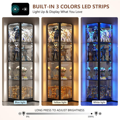FREDEES Corner Display Cabinet with Glass Doors, 175cm, Black