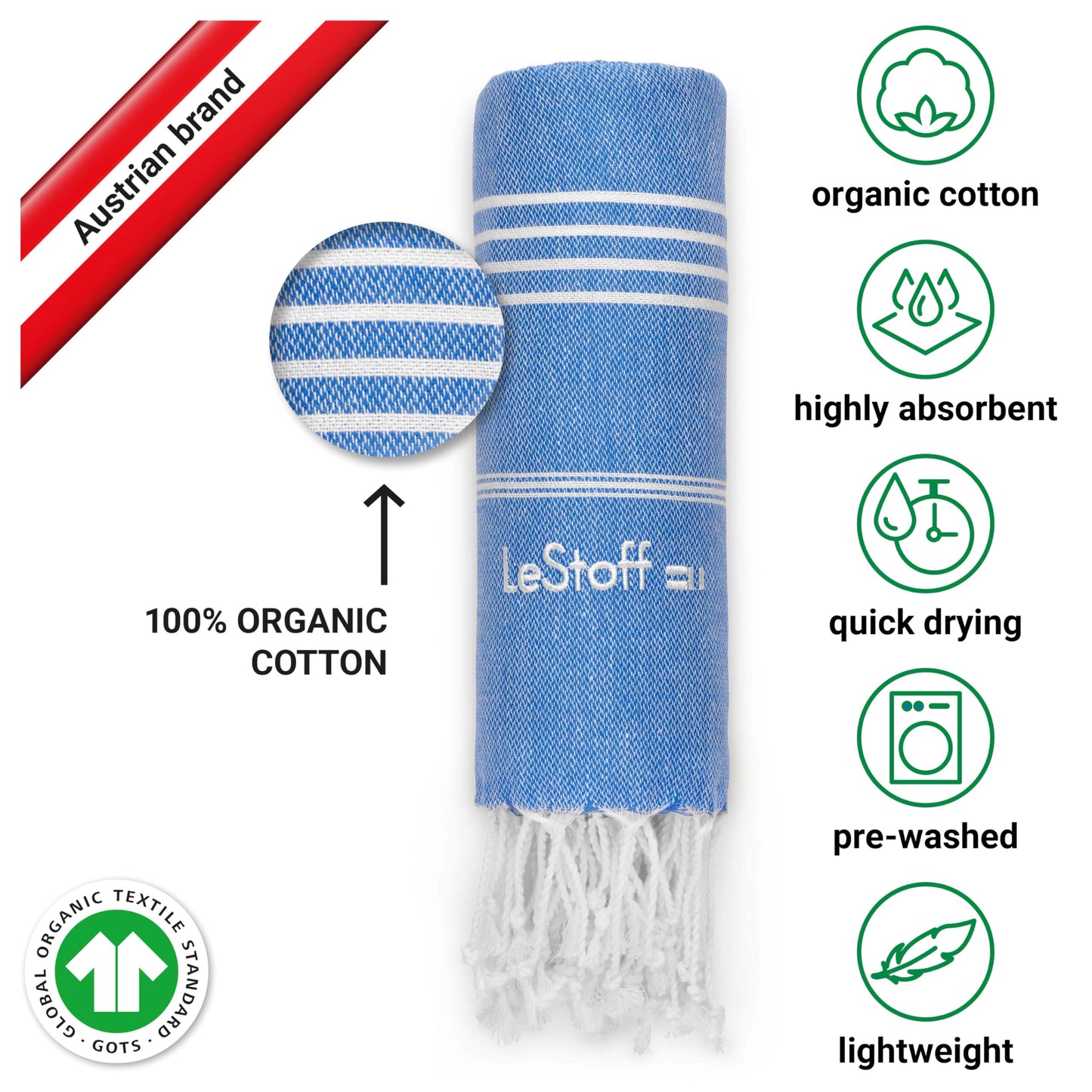 LeStoff Hammam Towel, Sauna Towel, 100% Organic Cotton, 95x180 cm, Sky Blue
