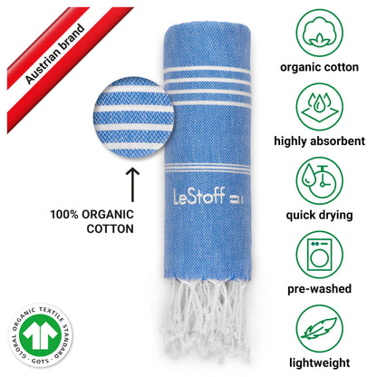 LeStoff Hammam Towel, Sauna Towel, 100% Organic Cotton, 95x180 cm, Sky Blue