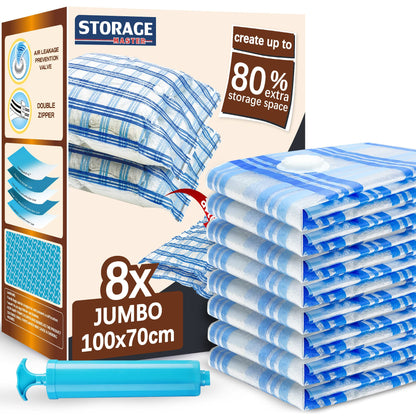 STORAGE MASTER Vacuum Storage Bags, Space Saver Bags 80% More Storage Space, With Hand Pump (8, Jumbo)
