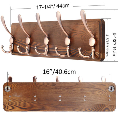 SKOLOO Coat Rack Wall Mounted - Pack of 2, Wooden, Heavy Duty, Rustic Coat Hooks for Wall, Wall Coat Rack with 5 Triple Hooks for Hanging Clothes