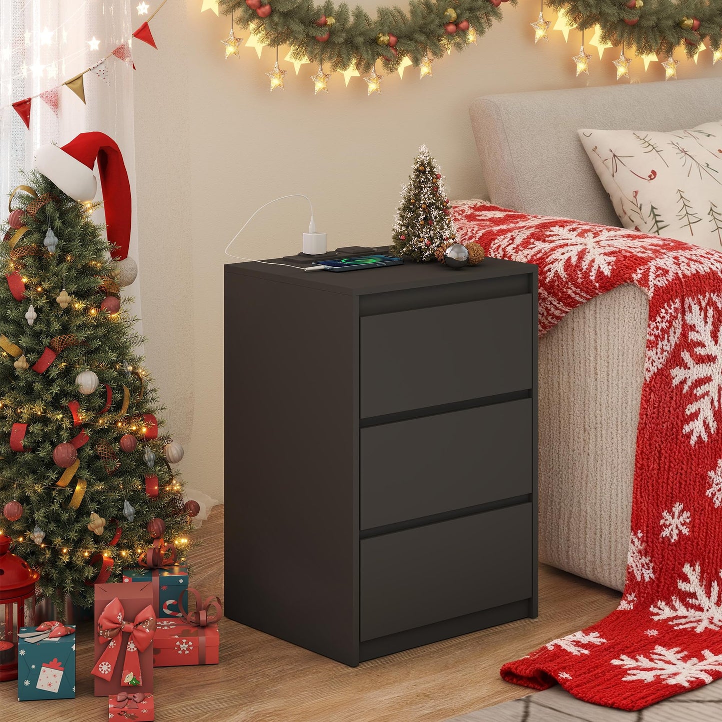 YOSHOOT Bedside Table, Nightstand with 3 Drawers and Power Station, Modern End Table, Wooden Storage Side Cabinet for Living Room Bedroom, 40 * 35 *