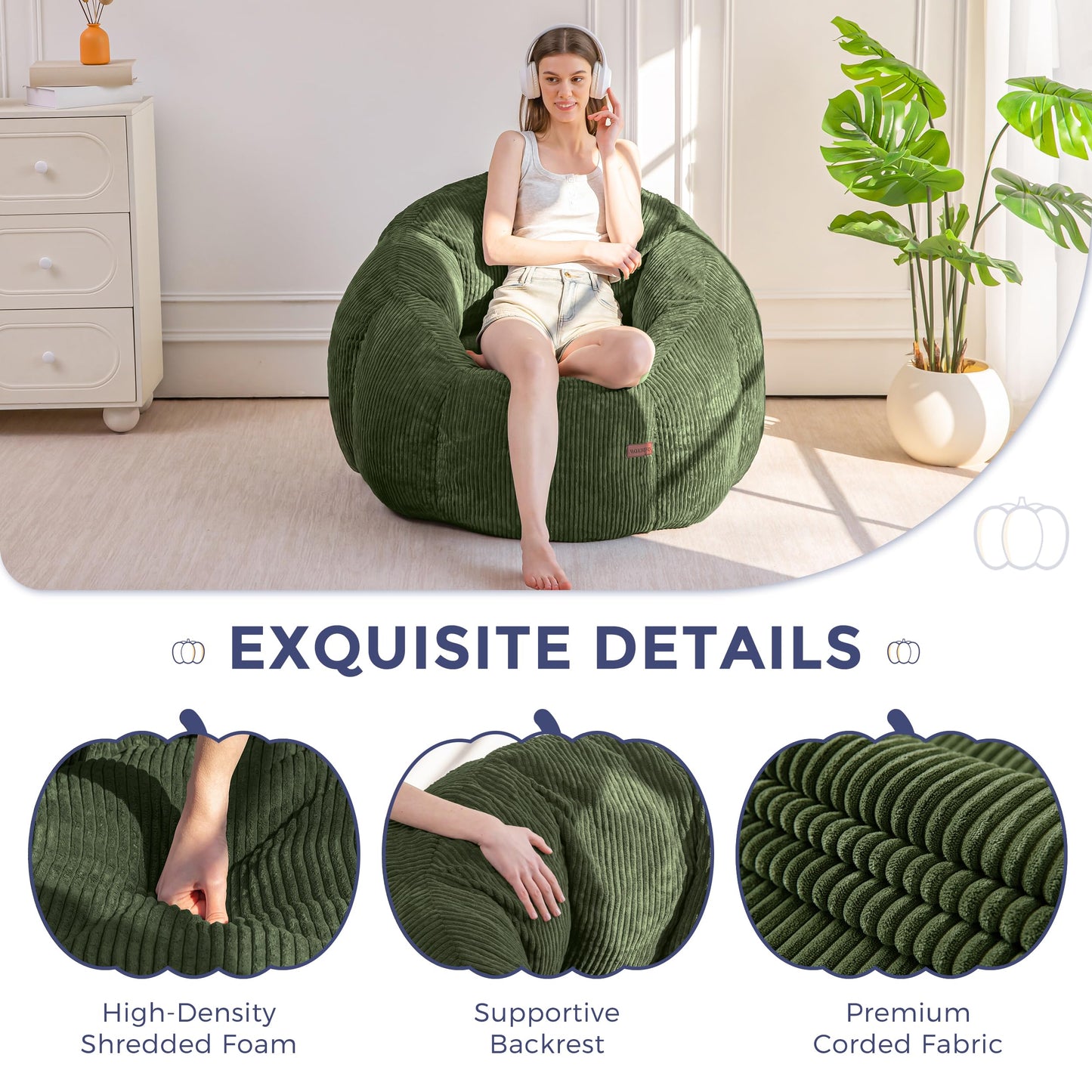 MAXYOYO Bean Bag Chair,Pumpkin Shaped Bean Bag Sofa Includes Filling,Comfy Corduroy Beanbag Sofa for Living Room Bedroom