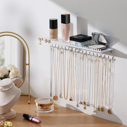 Josmimic Necklace Holder Wall Hanging Organiser: Wall Mounted Jewellery Shelf with 56 Hooks and Tray, Display Hanger for Kids, Girls and Women