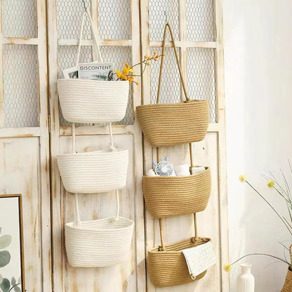 AARAINBOW Wall Hanging Cotton Baskets, Large 3 Tier Decorative Hanging Baskets for Wall Door, Boho Nursery Wall Basket for Organizing