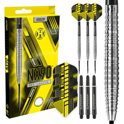 Harrows NX90 90% Tungsten Steel Tip Darts Set 21g, 22g, 23g, 24g, 25g & 26g - Includes Black Supergrip Midi Shafts & Micron NX90 Flights (21g)