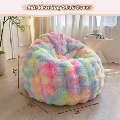 LIFEREVO Kids Fluffy Faux Rabbit Fur Bean Bag Cover, No Filler, Rainbow