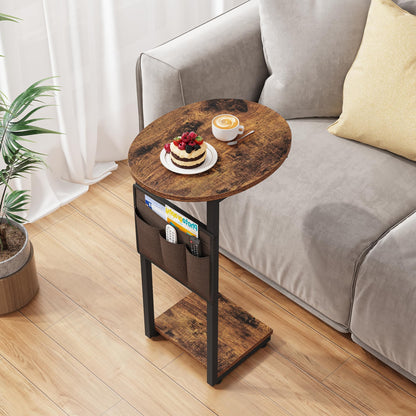 Vagusicc C Shaped End Table, Small Couch Side Tables with Metal Frame that Slide Under Sofa Table TV Tray for Living Room, Bedroom, Rustic Brown