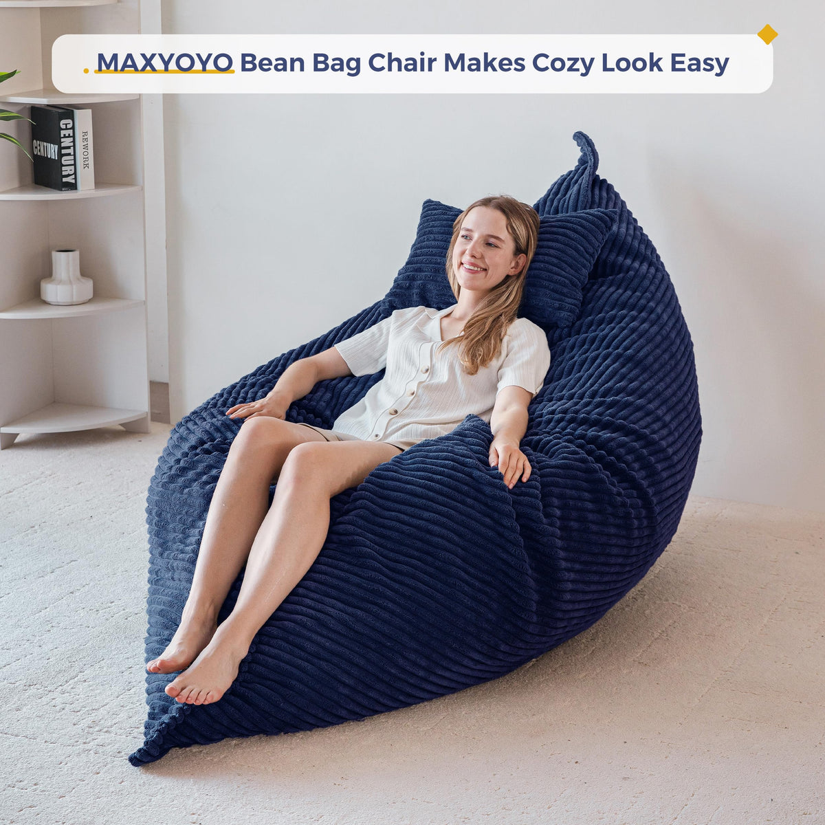 MAXYOYO Giant Bean Bag with Pillow, Soft Corduroy Removable Cover, Large Floor Cushion with Fluffy Foam Filling, BeanBag Chair for Adults & Kids