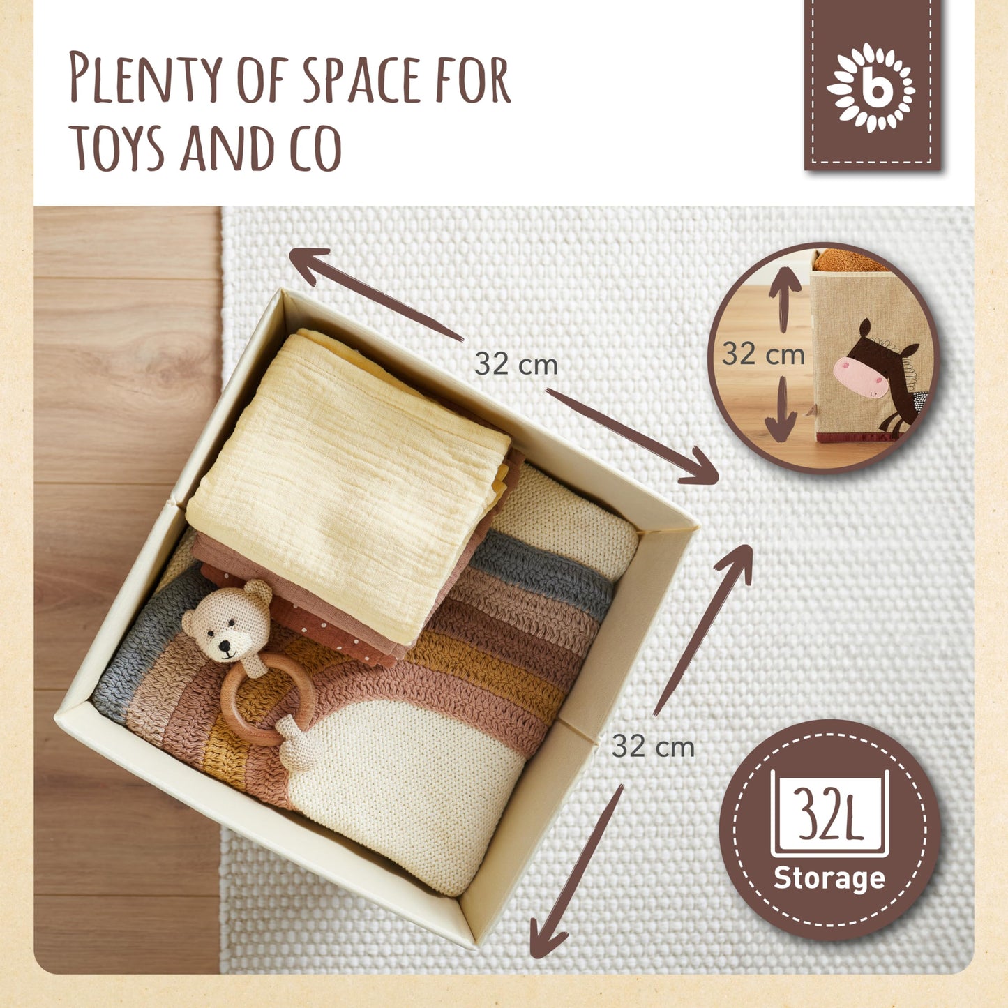 BIECO Children's Storage Box - Cute Donkey Toy Box Foldable - 33x33x33 cm - Ideal for Kallax Shelf - Toy Storage Boxes Kids Room - Stuffed Animal Zoo