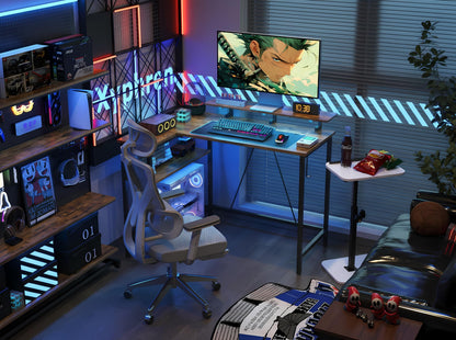 Xyphren L Shaped Gaming Desk with RGB LED Lights & Power Outlets, Small Computer Desk with Adjustable Shelves