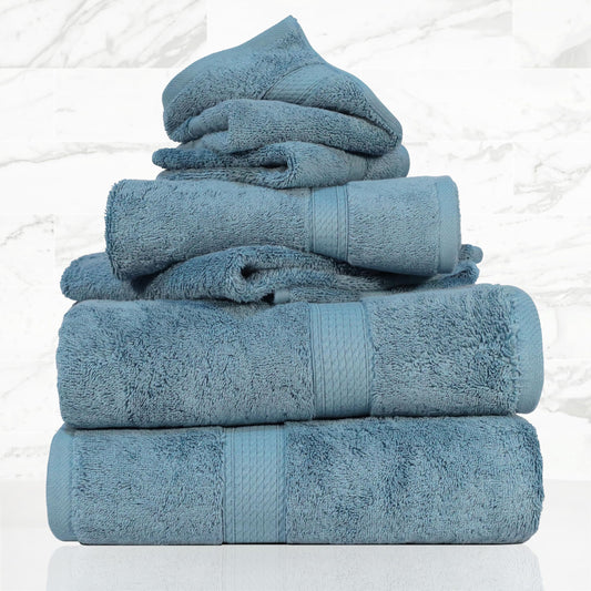 Superior Solid Egyptian Cotton Towel Set, Washcloths 13 x 13 Inches, Hand Towels 20 x 30 Inches, Bath Towels 30 x 55 Inches, Denim Blue, 6 Pieces