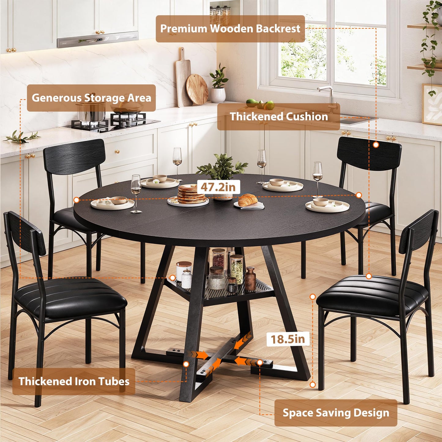 Jocoevol Round Dining Table and 4 Chairs Set of 4, Circle Dinner Table with Shelves, Space Saving Wood Kitchen & Dining Room Furniture
