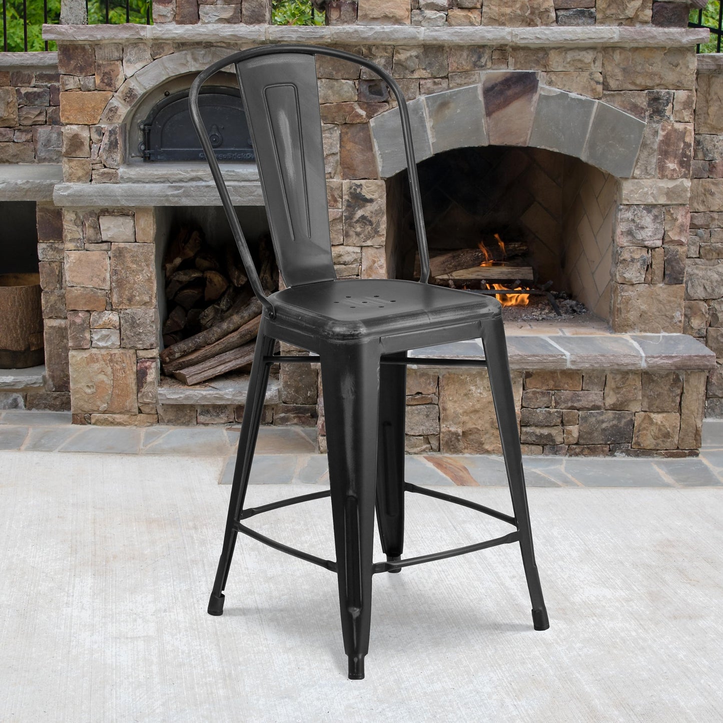 Flash Furniture Blake Commercial Grade 4 Pack 24" High Distressed Black Metal Indoor-Outdoor Counter Height Stool with Back