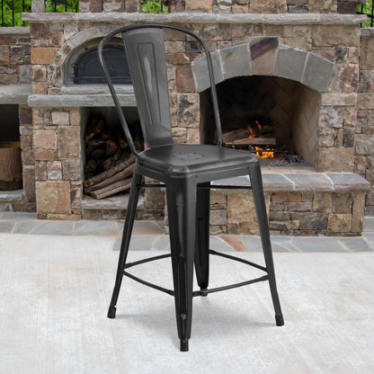 Flash Furniture Blake Commercial Grade 4 Pack 24" High Distressed Black Metal Indoor-Outdoor Counter Height Stool with Back