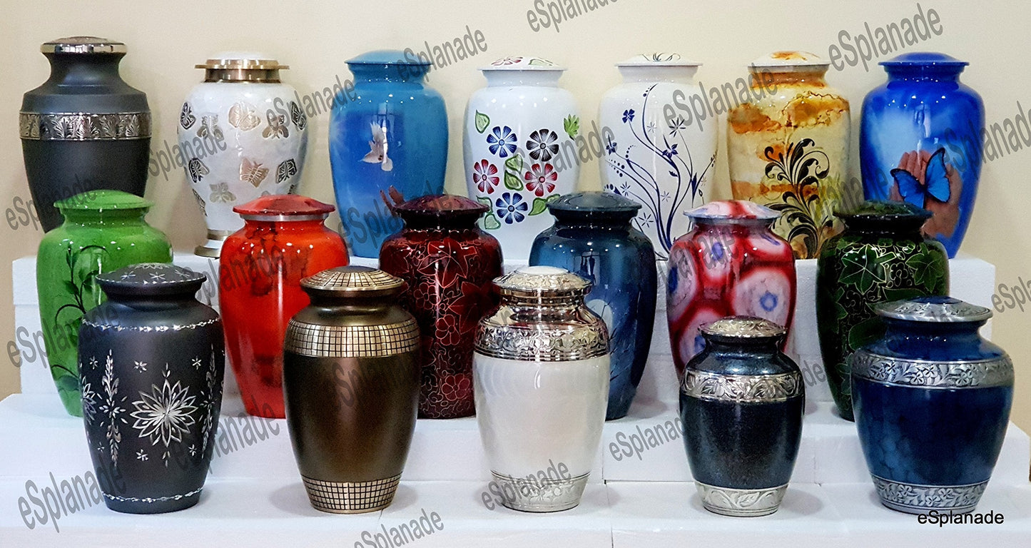 eSplanade Metal Cremation Urn Memorial Jar Pot Container | Full Size Urn for Funeral Ashes Burial | Butterfly in Hands Printed Urn | Blue - 10" Inches