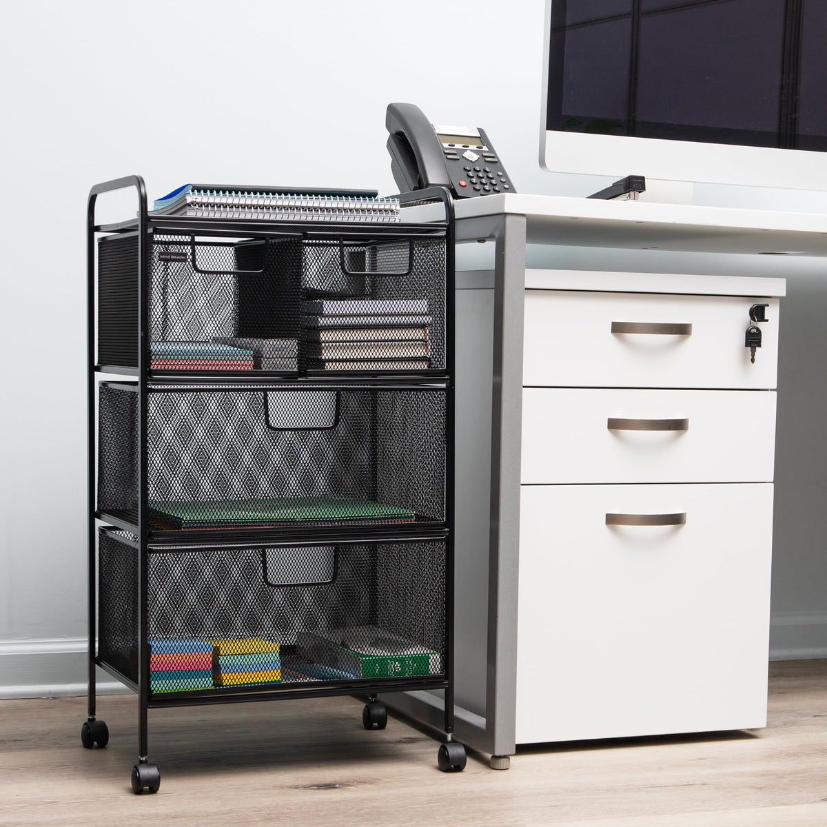 Mind Reader Cart with Drawers, Laundry Organizer, Utility Cart, Bathroom, Kitchen, Metal Mesh, 16"L x 11"W x 29"H, Black