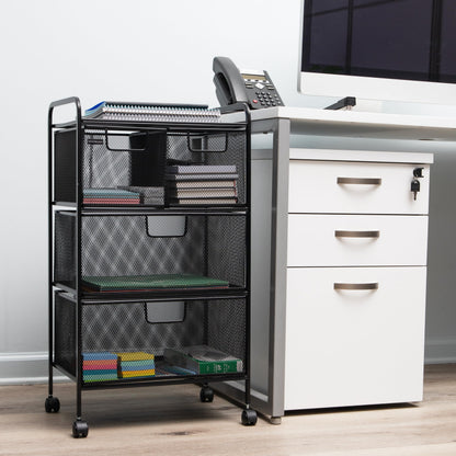 Mind Reader Cart with Drawers, Laundry Organizer, Utility Cart, Bathroom, Kitchen, Metal Mesh, 16"L x 11"W x 29"H, Black