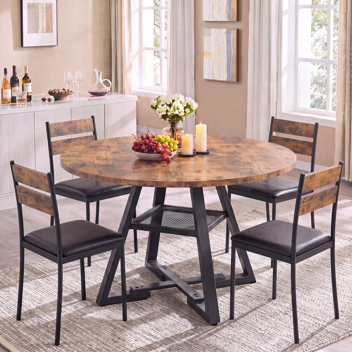 Jocoevol Round Dining Table for 4-6 People, Circle Dinner Table with Shelves, Space Saving Wood Kitchen & Dining Room Furniture (Vintage, 51 inch