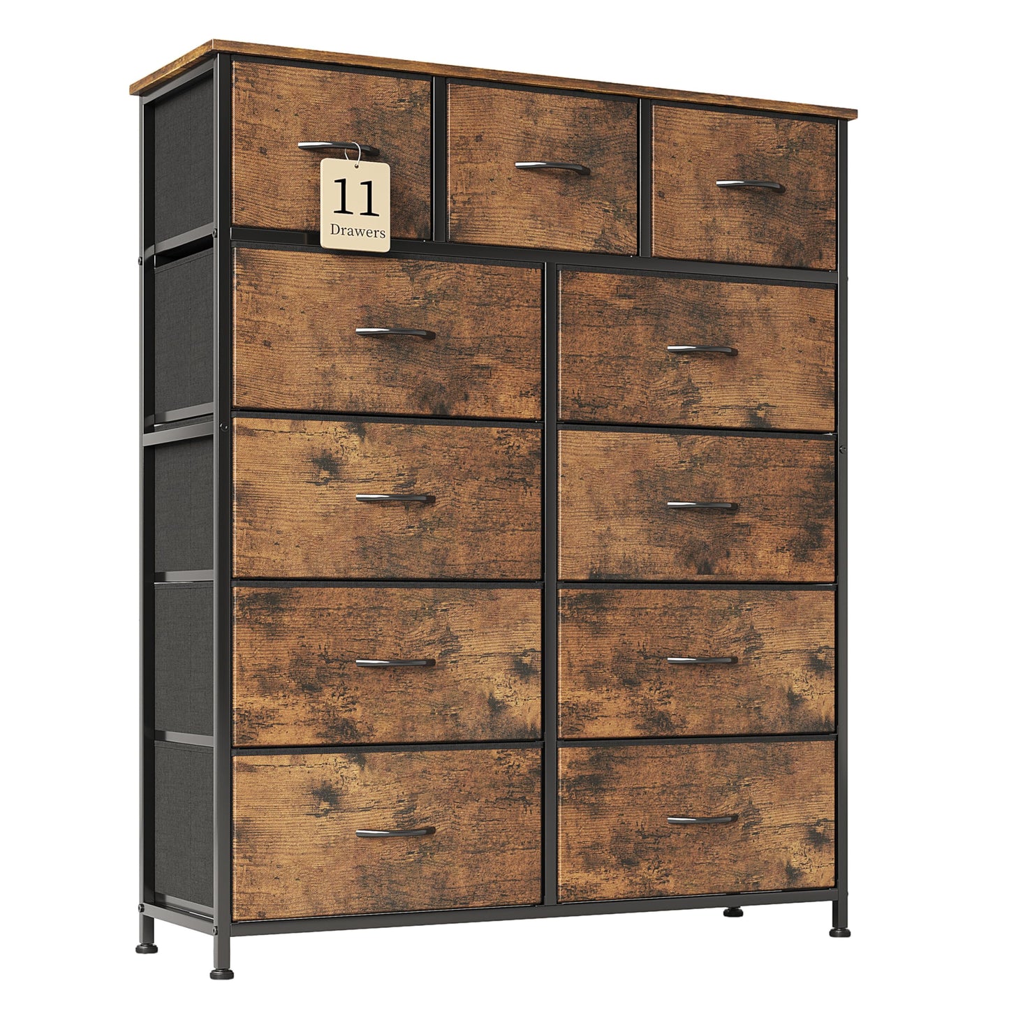 Flrrtenv Chest of Drawer with 11 Drawers, Modern Bedroom Cabinte, Fabric Drawers with Wooden Top, Sturdy Metal Frame