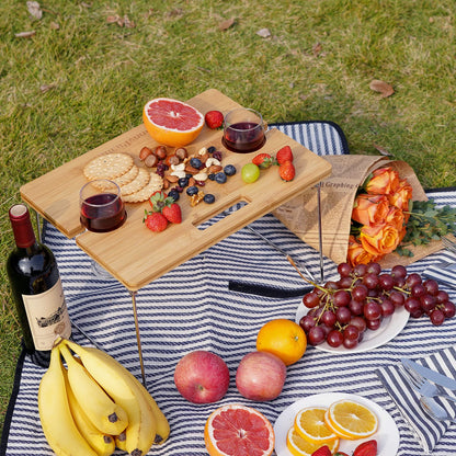 Wicker Picnic Basket for 2, 2 Person Picnic Set, Willow Hamper Service Gift Set with Bamboo Wine Table with Metal Legs for Camping and Outdoor Party