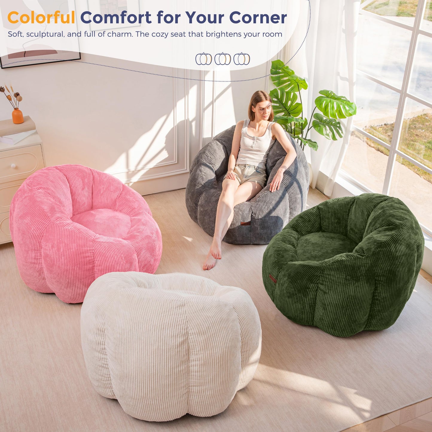 MAXYOYO Bean Bag Chair,Pumpkin Shaped Bean Bag Sofa Includes Filling,Comfy Corduroy Beanbag Sofa for Living Room Bedroom