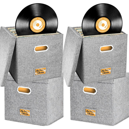 4 PCS 12-inch Vinyl Record Storage Box,Folding LP Case with Lid & Handle