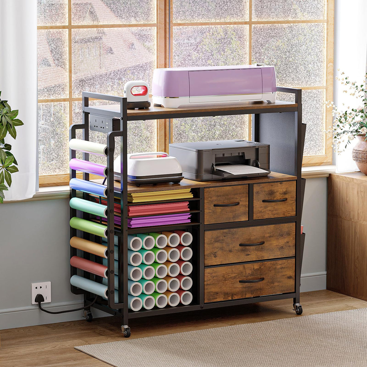 VEDECASA Large Craft Storage Rolling Cart for Cricut Machine, Craft Organizer Trolley with Fabric Drawers, Vinyl Roll Holder