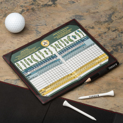 TORRO Golf Scorecard and Yardage Book Holder ? Genuine Leather Golf Score Card and Yardage Wallet with Pencil Loop (Black with Red Detail)
