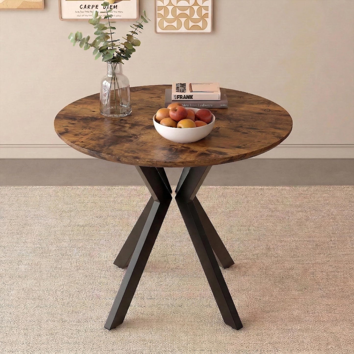 80cm Round Wooden Dining Table with Black Metal Legs for Kitchen & Home