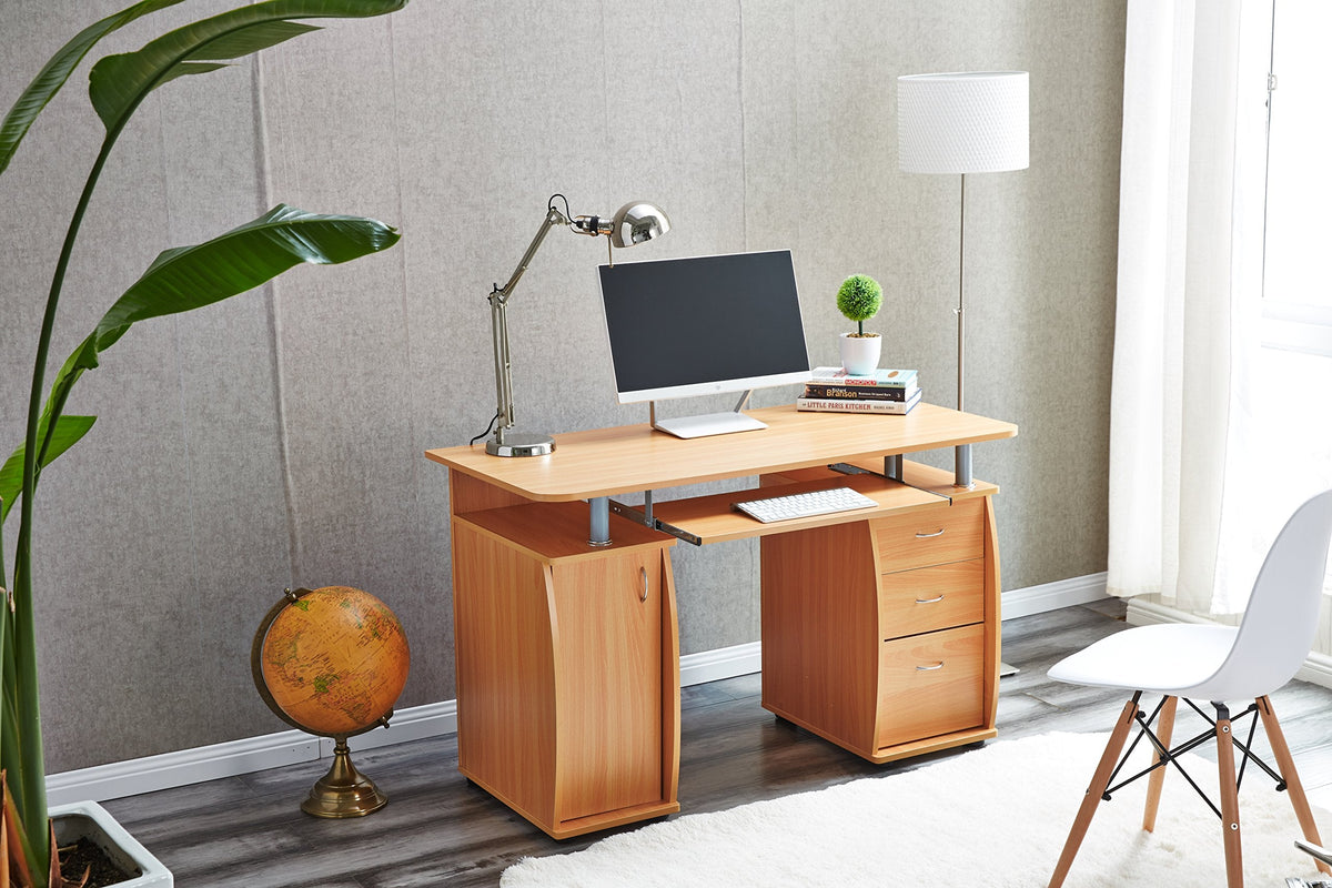 RayGar Beech Deluxe Design Computer Desk With Cabinet and 3 Drawers For Home Office Table Workstation - New (Beech)