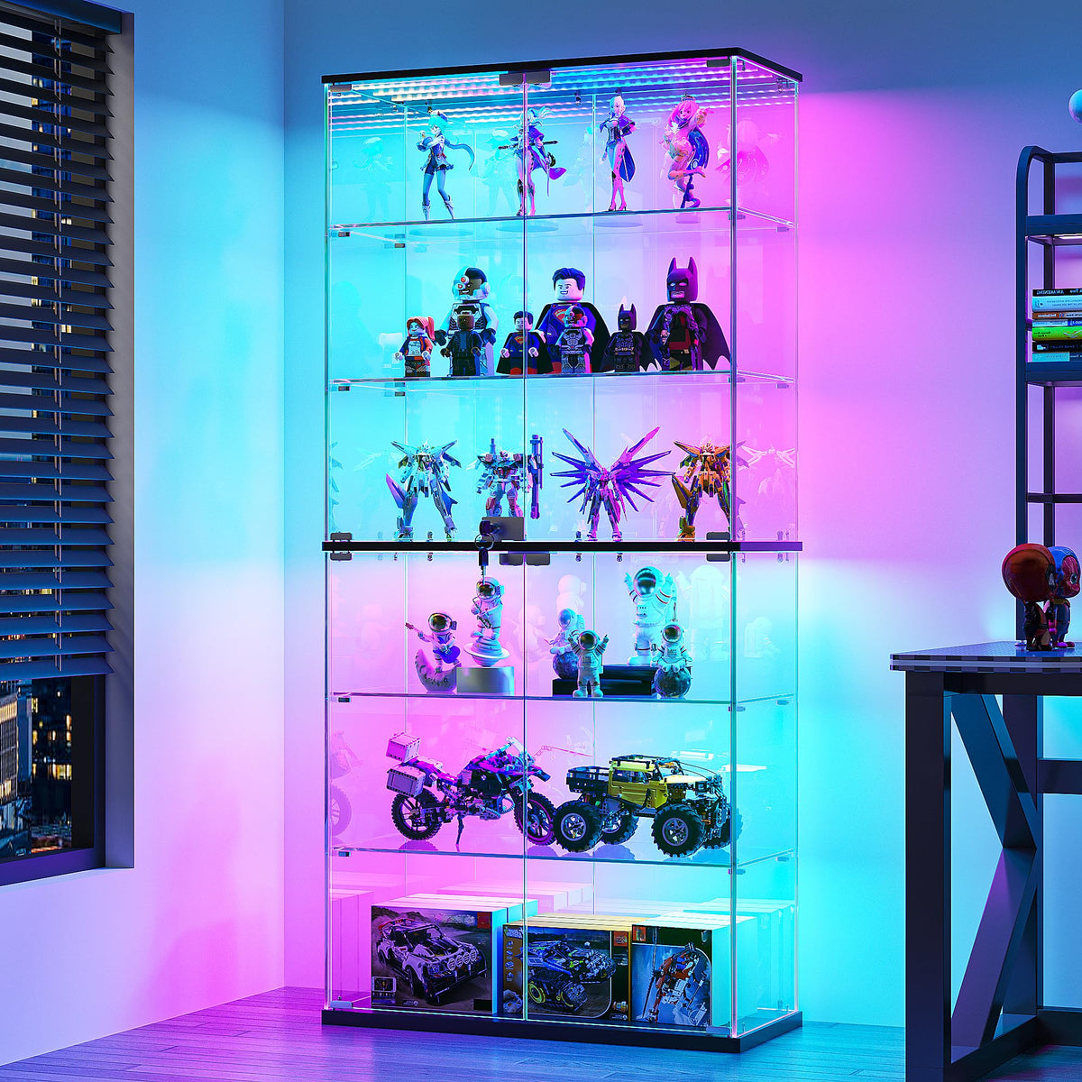 FREDEES Full Glass Display Cabinet with RGB Lights, 6-Tier, Black