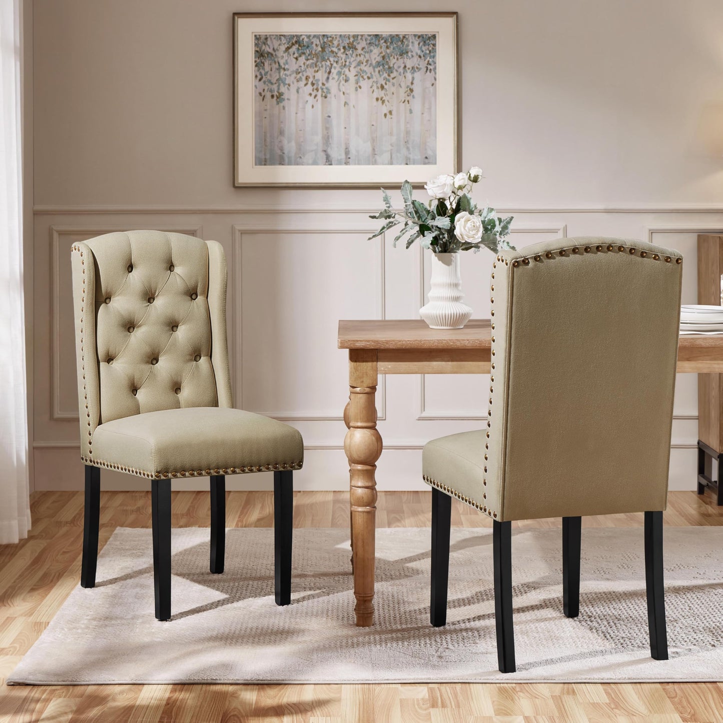 Yaheetech Classic Dining Room Chairs Set of 2 with Wooden Legs, Khaki