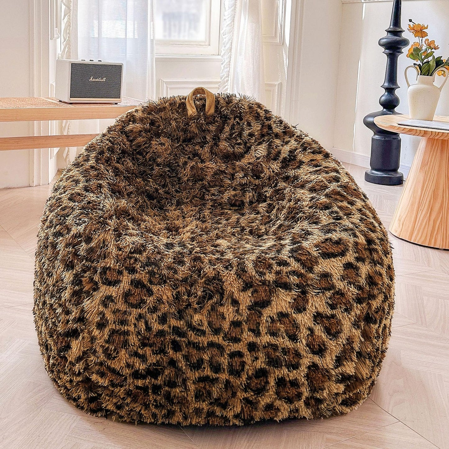 XeGe Faux Fur Leopard Print Bean Bag Chair Cover(No Filler), Cheetah Brown