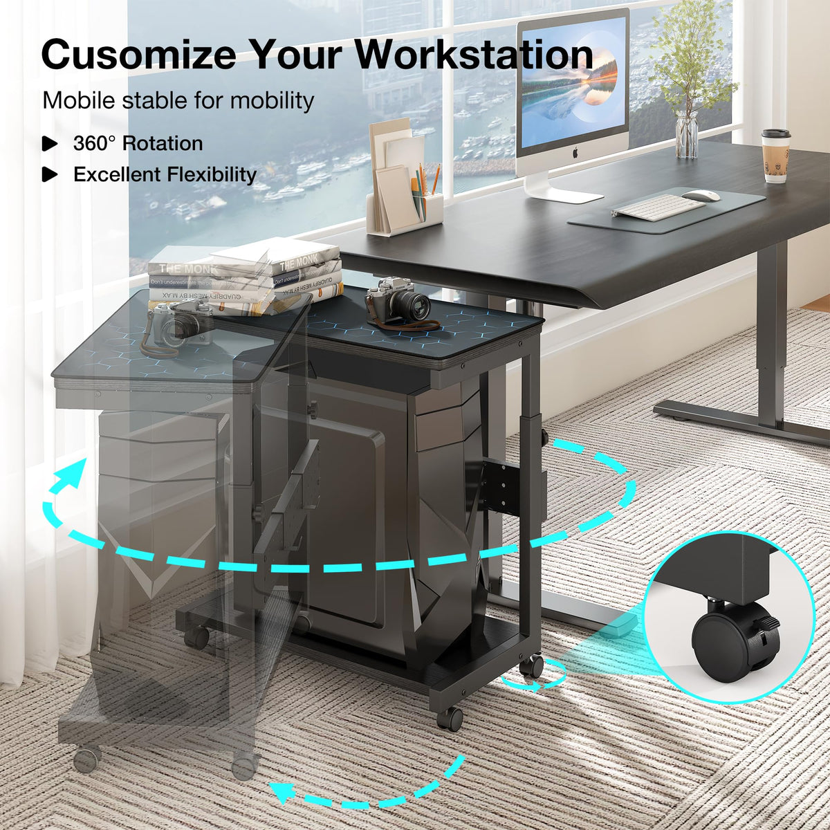 Yornoli PC Stand Height Adjustable Computer Tower Stand with Large Mouse Mat CPU Floor Stand Under Desk with Lockable Castor Wheels Sturdy PC Trolley