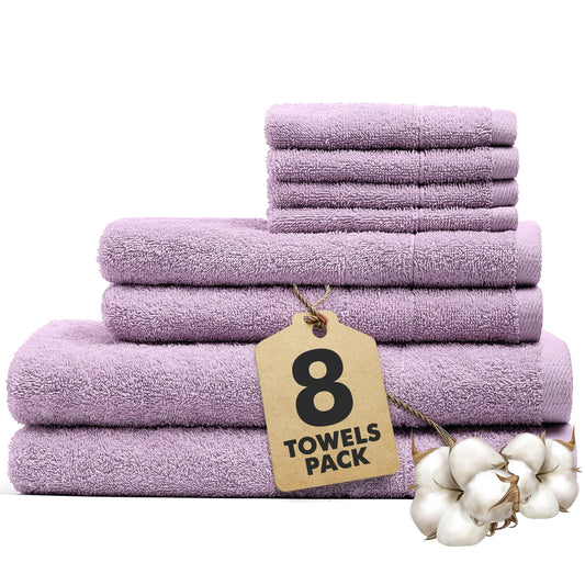 Novo Home Bath Towels Set of 8 ? 100% Cotton Lilac Towel Set Bale Includes 2 Bath, 2 Hand, 4 Face Towels ? Soft, Absorbent & Quick Dry Towel for
