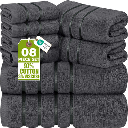 Utopia Towels 8-Piece Luxury Towel Set with Viscose Stripe, Grey