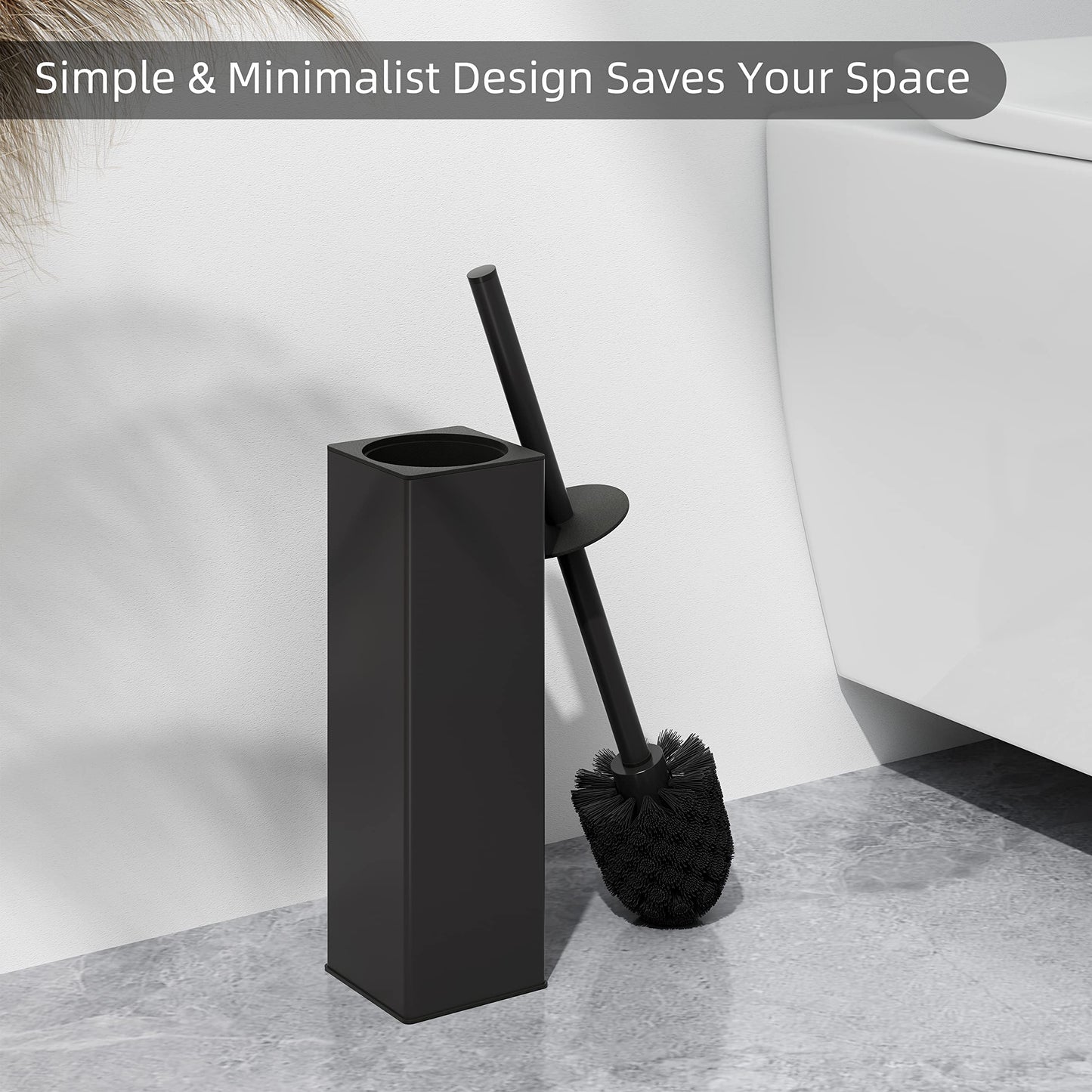 BVL Black Toilet Brush, 2 Piece Square Silicon Toilet Brush and Holder, Free Standing Toilet Brush Including 4 Quick Drying Brush Heads