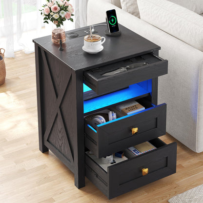 FREDEES LED Bedside Table with Hidden Drawer for Bedroom, Black